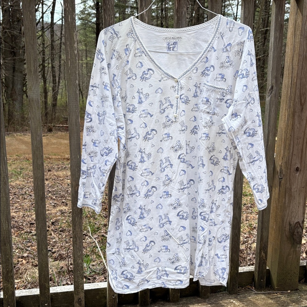 Carole Hochman nightgown blue Cat Heart Watering Can pattern long sleeve -flaws